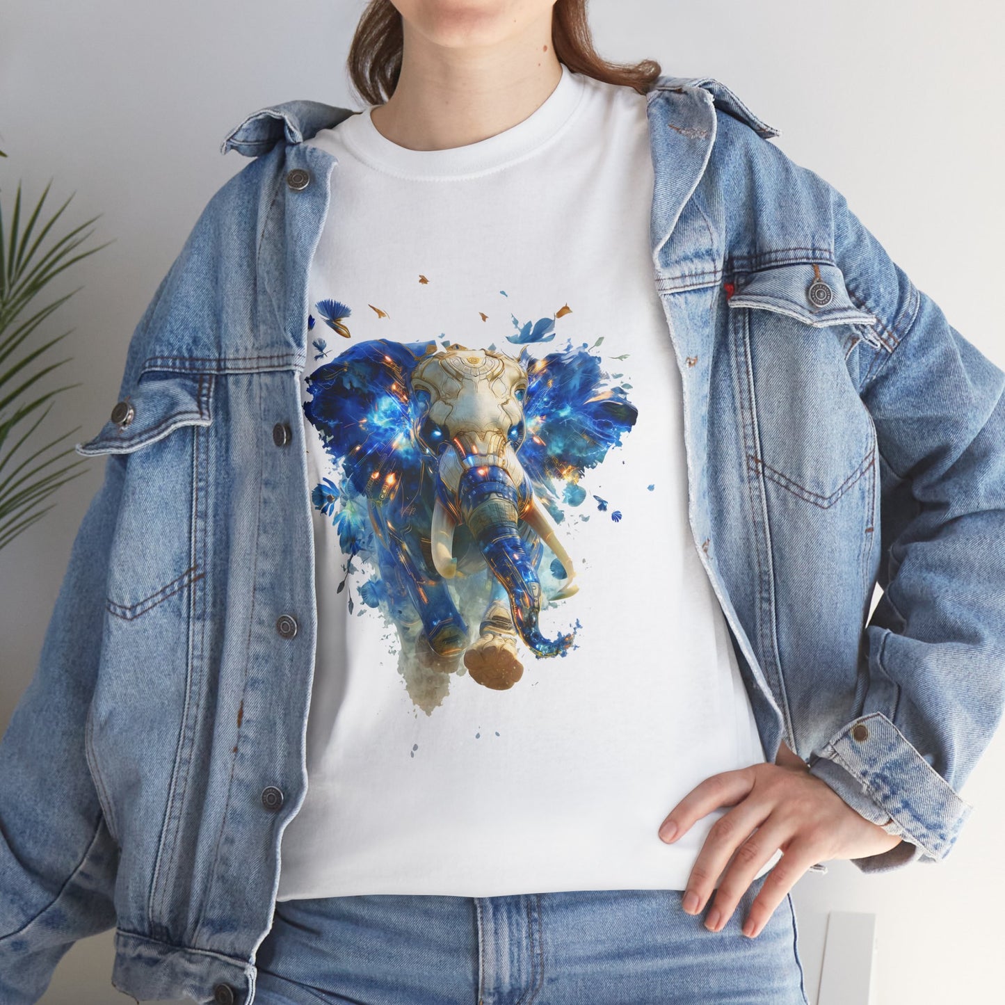 Éléphant Céleste Électrique : Esprit Cybernétique en Bleu et Or