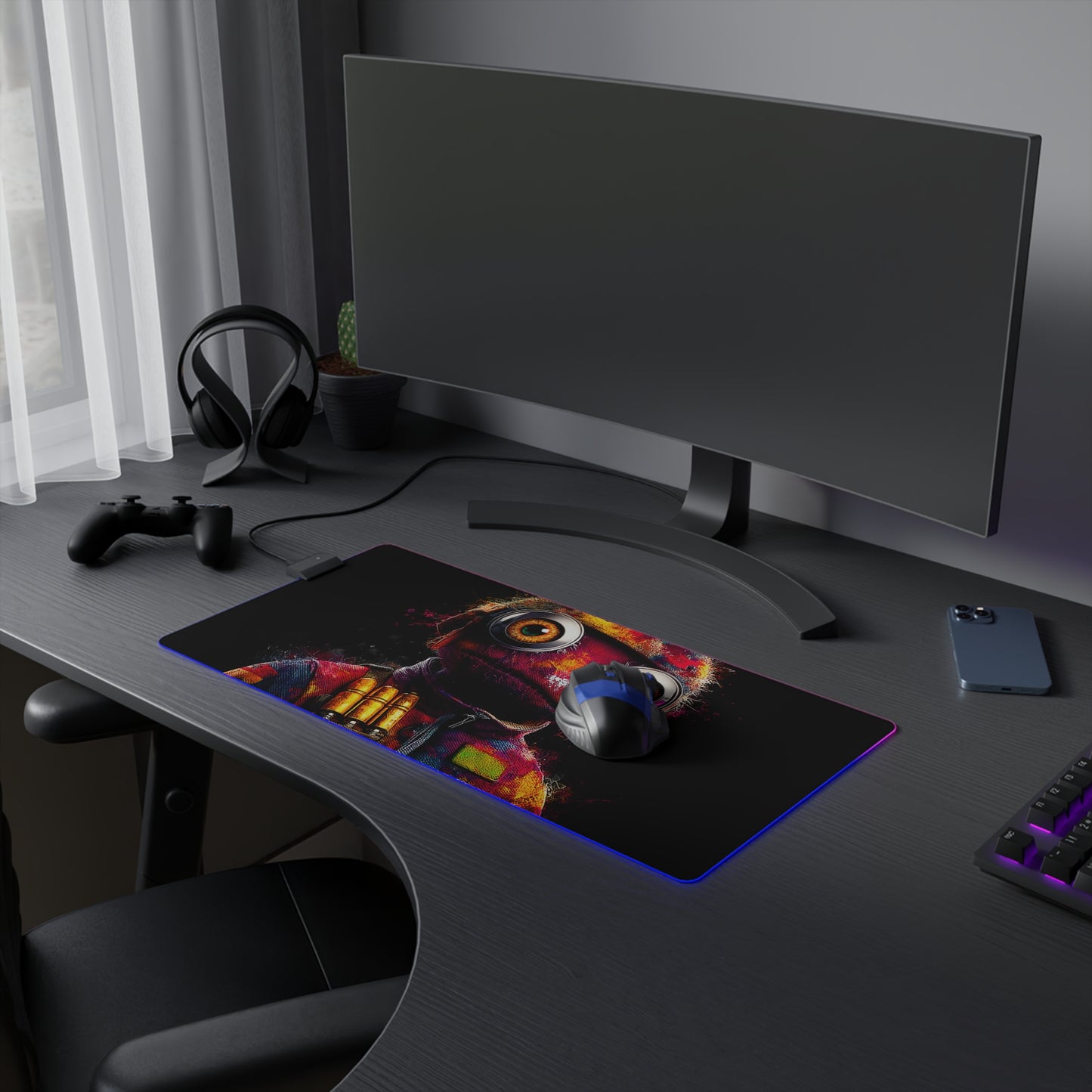 LED Tapis de Souris Gaming — Soldat Zombie Patchwork - Camouflage Graffiti et Yeux Glitchcore