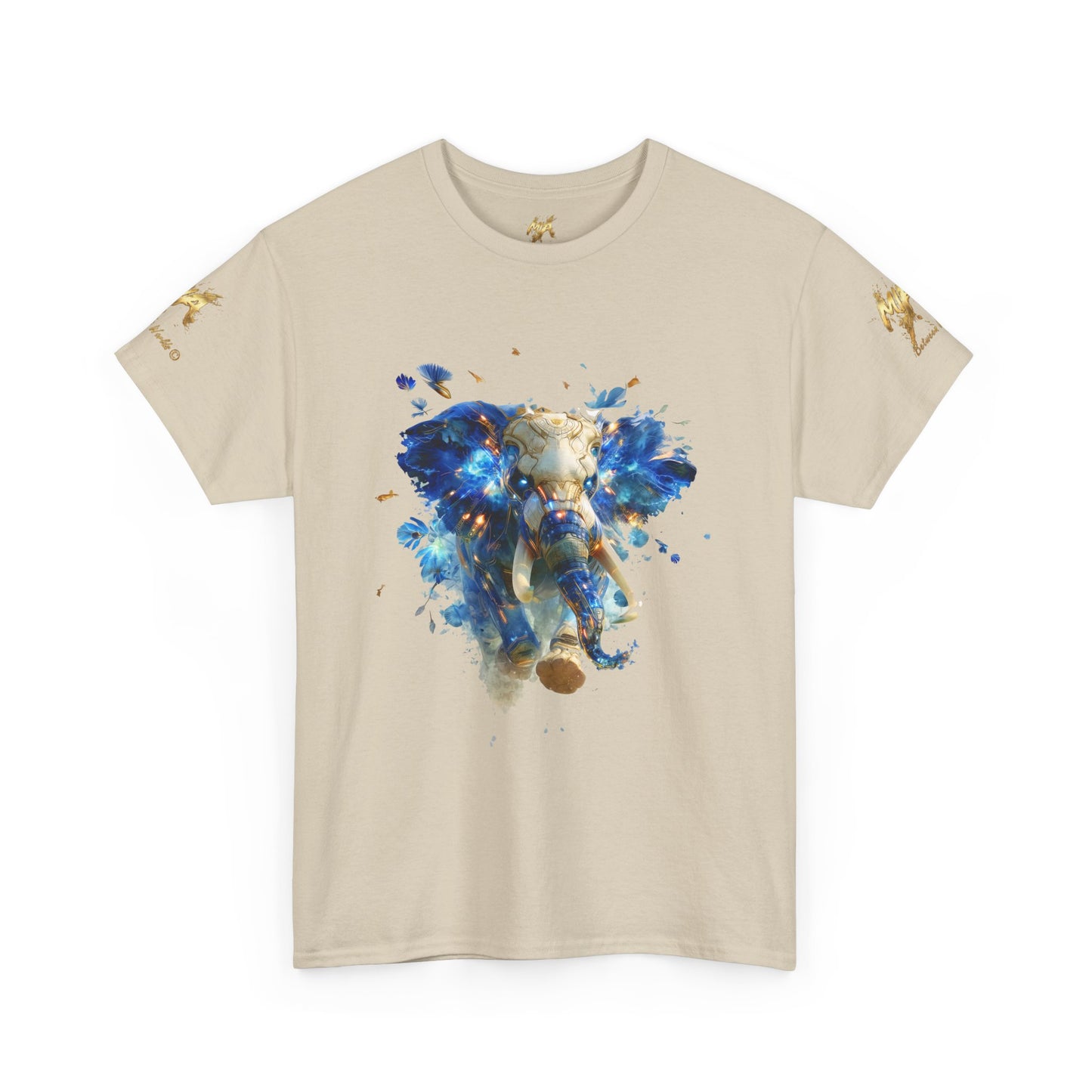 Éléphant Céleste Électrique : Esprit Cybernétique en Bleu et Or